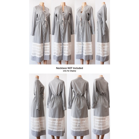 Stripe Cotton Drawstring Crochet Midi Shirt Dress - Picture 7 of 8